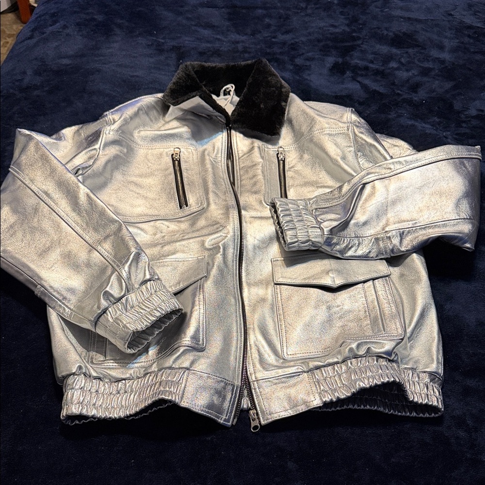 Men's Shiny Silver Bomber Jacket with Black Collar